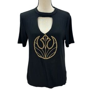 Star Wars Women's Short Sleeve Rebel Alliance Logo Keyhole Neck T-Shirt - Black